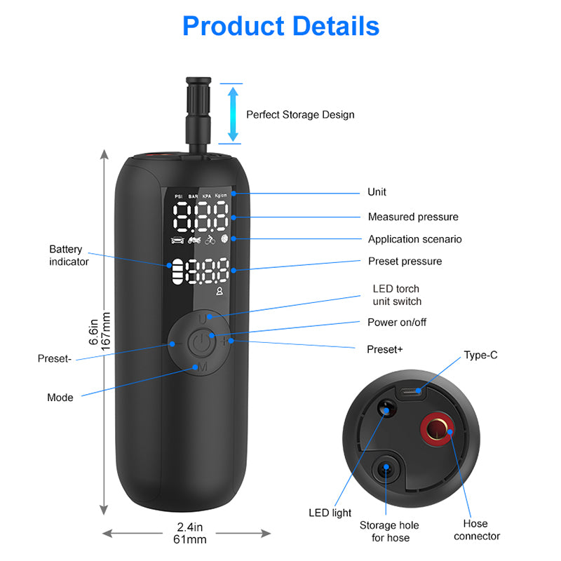 LP1 Outdoor Portable Smart Tire Pump with LED Light, Car Bike Mini Inflator LP1 Outdoor Portable Smart Tire Pump with LED Light, Car Bike Mini Inflator